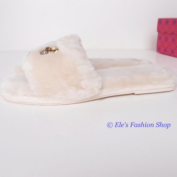 NIB Tory Burch Jeweled Double T Shearling Slipper Buttermilk US 7.5 8 8.5 9 9.5 - Picture 11 of 16